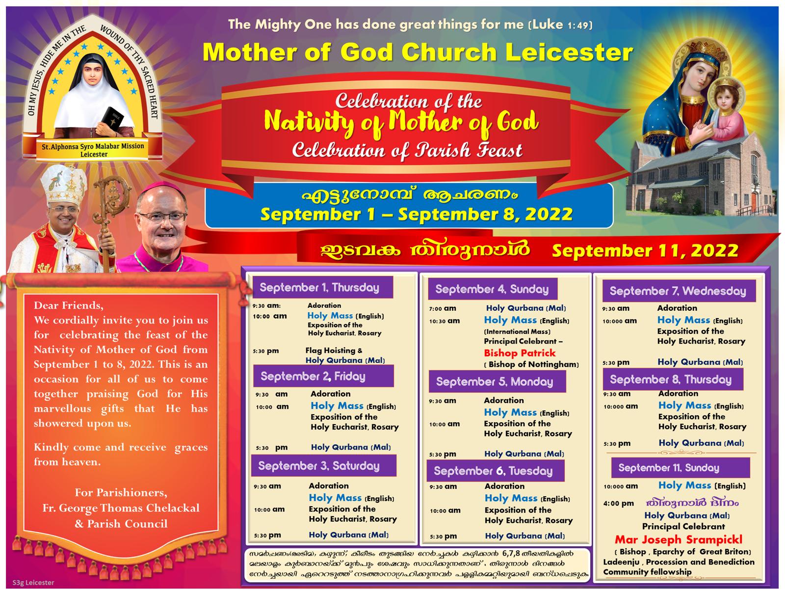 Ettu Noimbu Celebration (Sept 01-Sept 08) and Thirunal on 11/09/2022, at Mother of God Church, Leicester. 